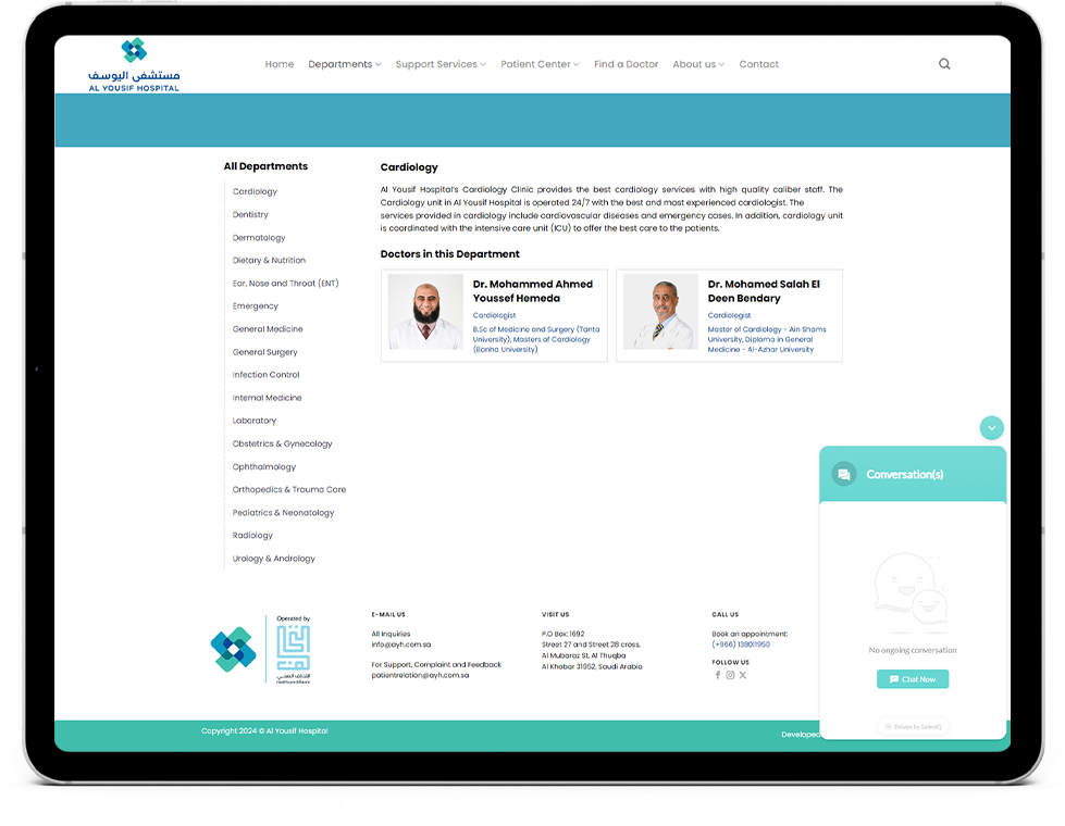 Tablet showing departments and chatbot interface