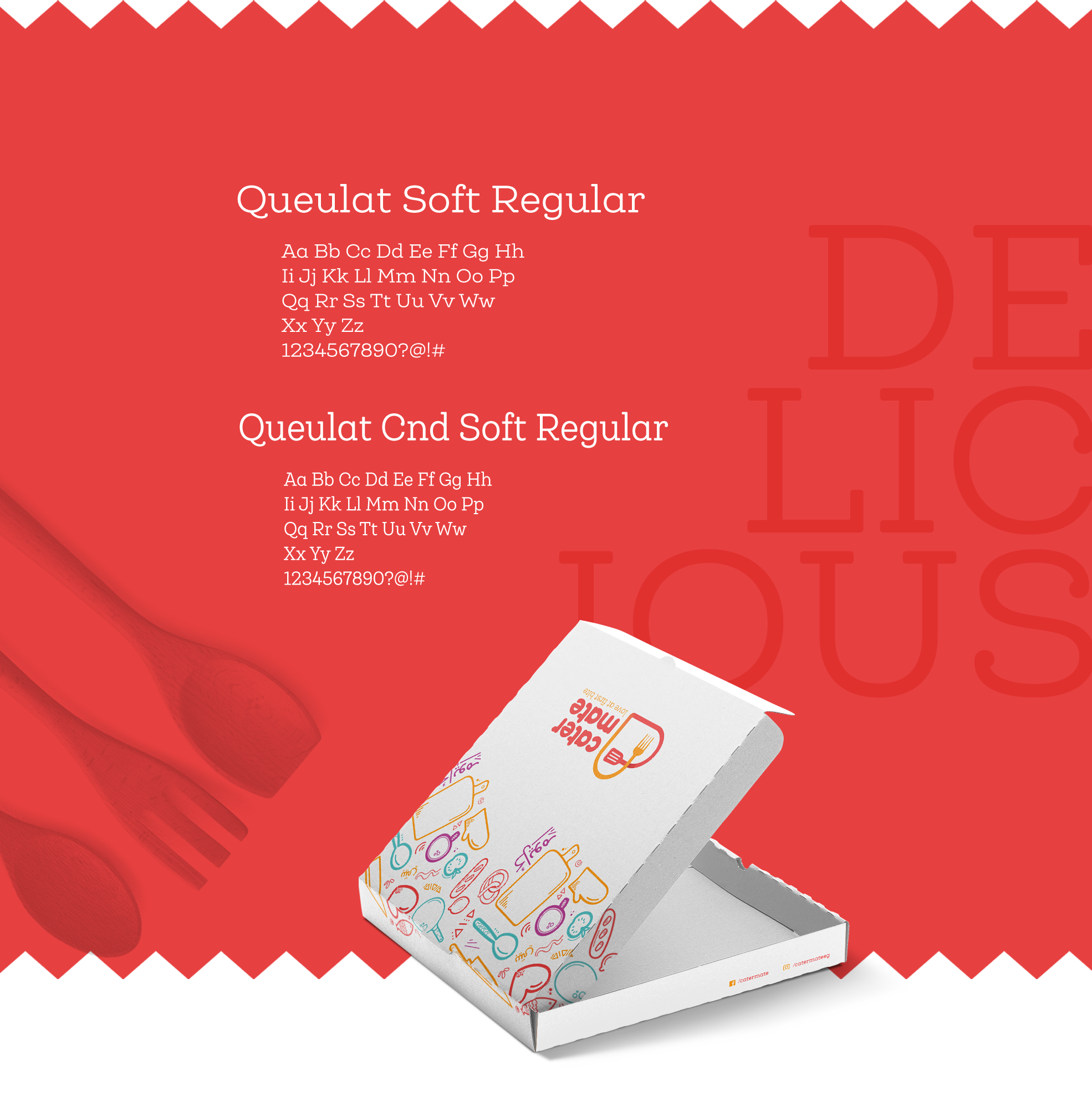 Cater Mate typography — Queulat Soft and pizza box packaging