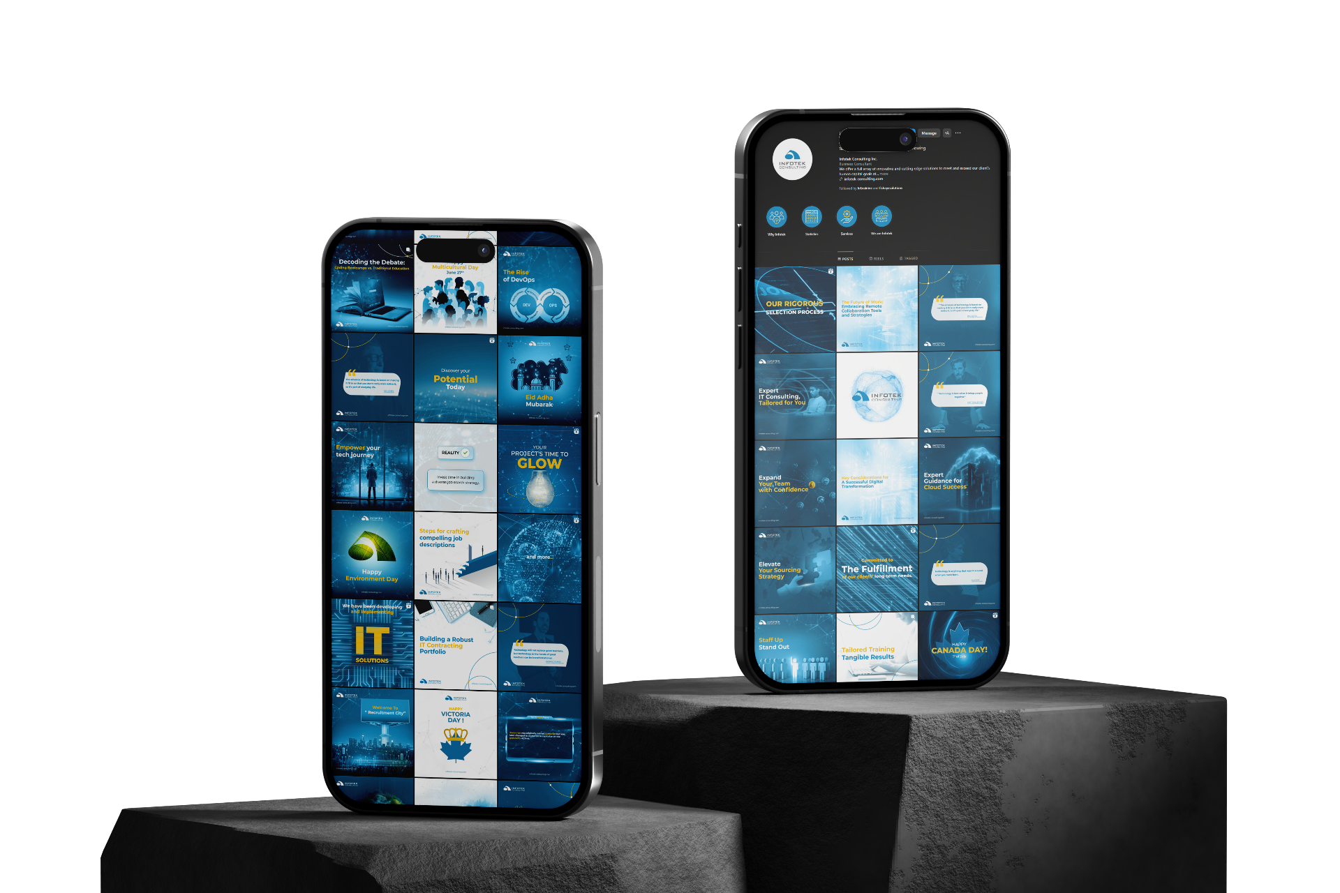 Infotek social media designs on iPhone mockups
